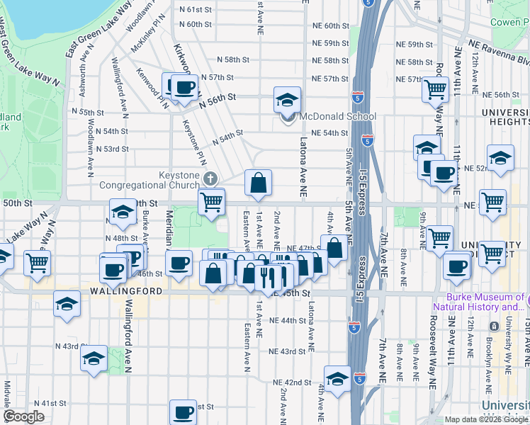 map of restaurants, bars, coffee shops, grocery stores, and more near 4646 1st Avenue Northeast in Seattle