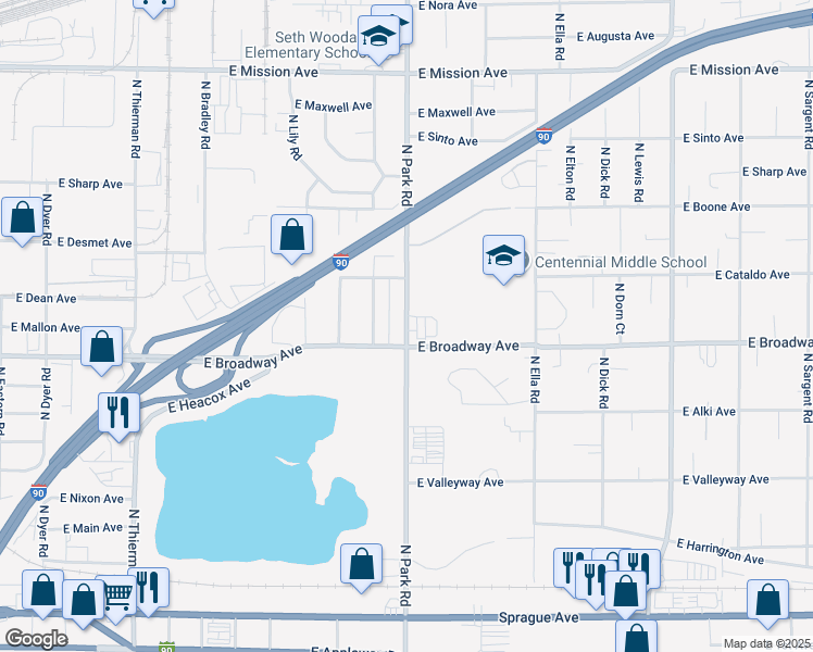 map of restaurants, bars, coffee shops, grocery stores, and more near 814 North Park Road in Spokane Valley