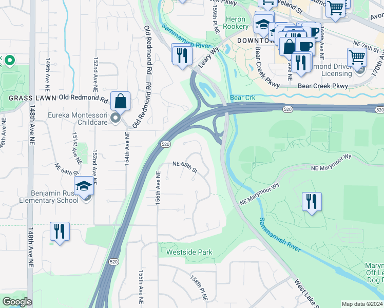 map of restaurants, bars, coffee shops, grocery stores, and more near 10260 157th Place Northeast in Redmond