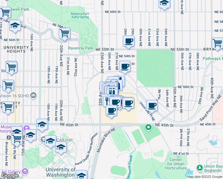 map of restaurants, bars, coffee shops, grocery stores, and more near 4900 25th Avenue Northeast in Seattle