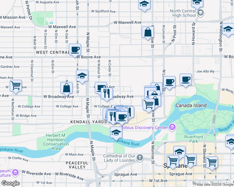 map of restaurants, bars, coffee shops, grocery stores, and more near 1302 West Broadway Avenue in Spokane