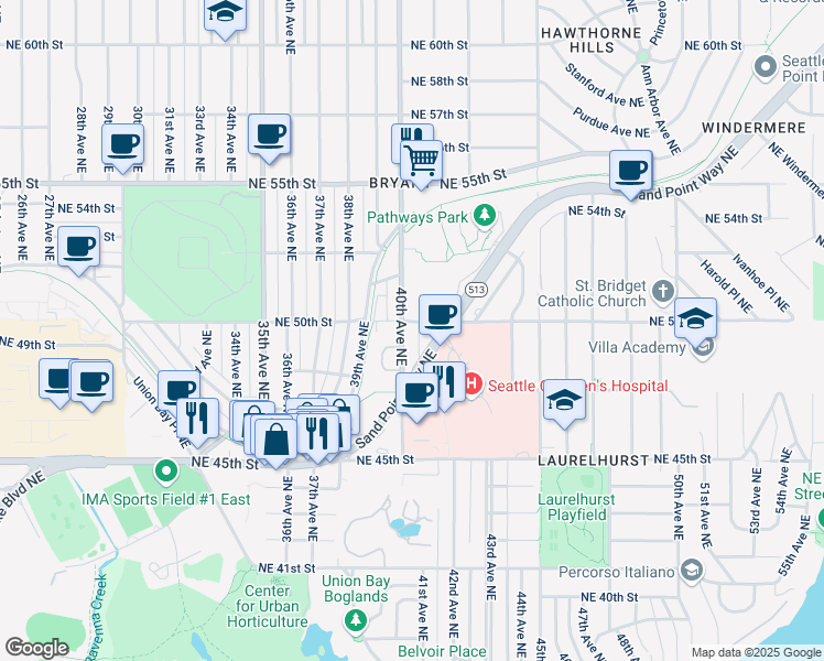 map of restaurants, bars, coffee shops, grocery stores, and more near 4001 Northeast 50th Street in Seattle