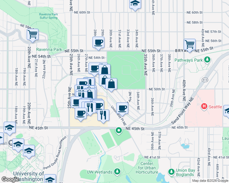 map of restaurants, bars, coffee shops, grocery stores, and more near 2511 Northeast Blakeley Street in Seattle