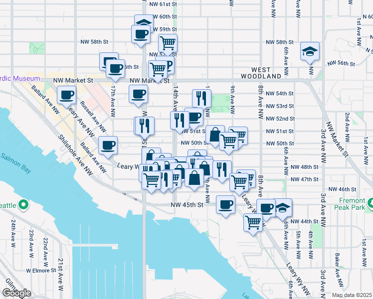map of restaurants, bars, coffee shops, grocery stores, and more near 1148 Northwest Leary Way in Seattle