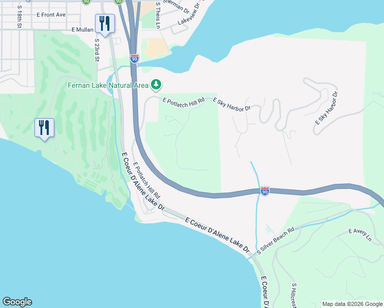 map of restaurants, bars, coffee shops, grocery stores, and more near 4513 East Potlatch Hill Road in Coeur d'Alene