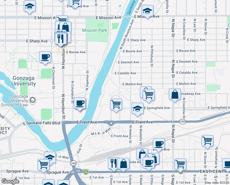 map of restaurants, bars, coffee shops, grocery stores, and more near 1411 Iron Bridge Way in Spokane