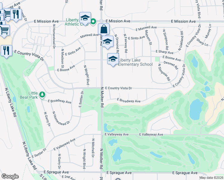 map of restaurants, bars, coffee shops, grocery stores, and more near 23511 East Broadway Avenue in Liberty Lake