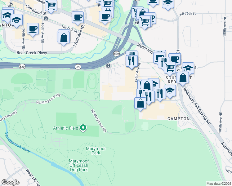 map of restaurants, bars, coffee shops, grocery stores, and more near 17305 Northeast 67th Court in Redmond