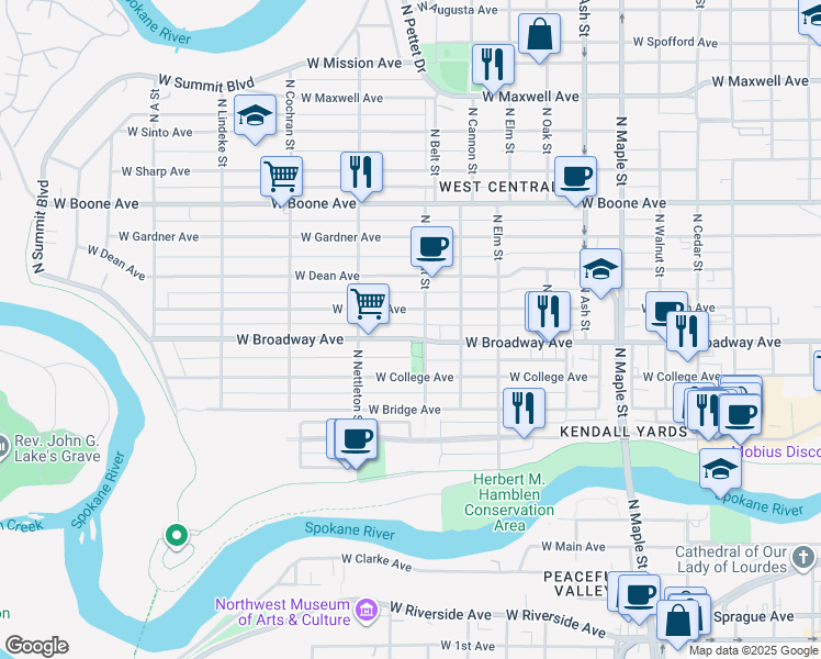 map of restaurants, bars, coffee shops, grocery stores, and more near 2117 West Broadway Avenue in Spokane