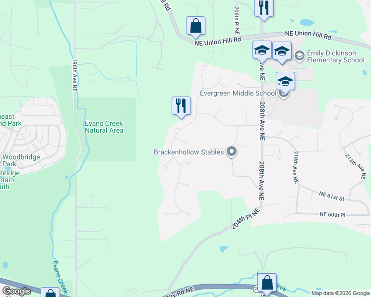 map of restaurants, bars, coffee shops, grocery stores, and more near 6410 204th Drive Northeast in Redmond