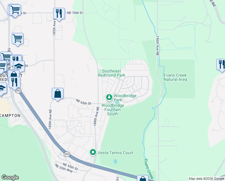 map of restaurants, bars, coffee shops, grocery stores, and more near 19121 Northeast 65th Way in Redmond