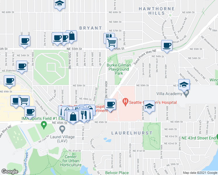 map of restaurants, bars, coffee shops, grocery stores, and more near 4728 40th Avenue Northeast in Seattle