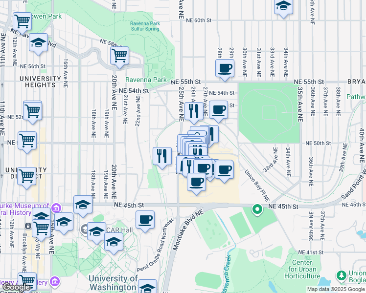map of restaurants, bars, coffee shops, grocery stores, and more near 4750 25th Avenue Northeast in Seattle