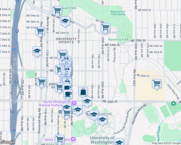map of restaurants, bars, coffee shops, grocery stores, and more near 4737 18th Avenue Northeast in Seattle