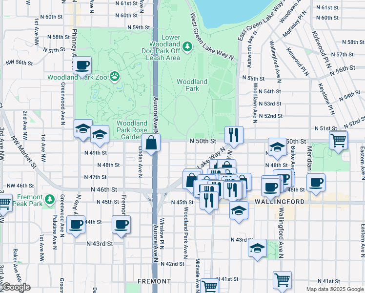 map of restaurants, bars, coffee shops, grocery stores, and more near 1103 North 49th Street in Seattle