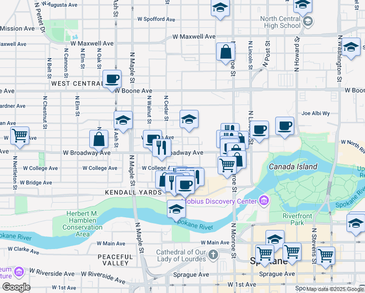 map of restaurants, bars, coffee shops, grocery stores, and more near 811 N Adams St in Spokane