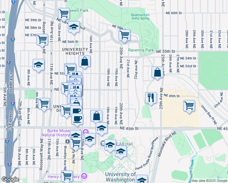 map of restaurants, bars, coffee shops, grocery stores, and more near 4730 19th Avenue Northeast in Seattle