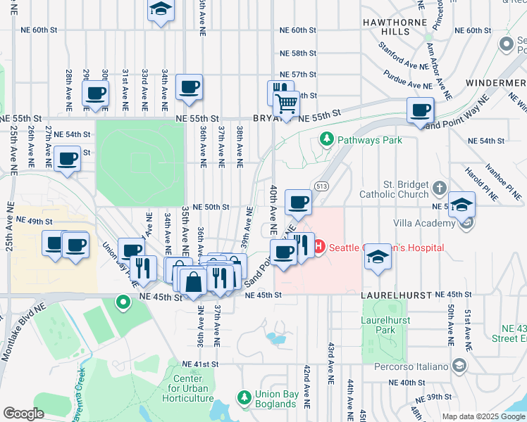map of restaurants, bars, coffee shops, grocery stores, and more near 4851 Terrace Drive Northeast in Seattle