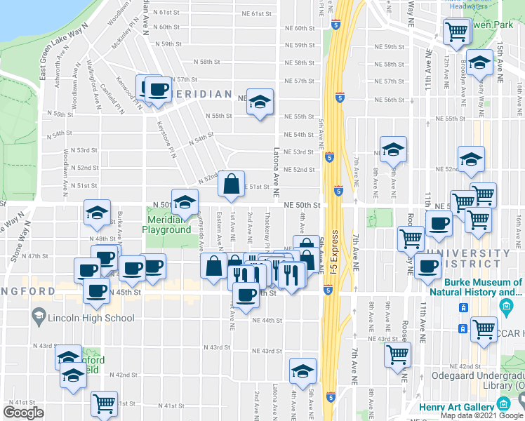 map of restaurants, bars, coffee shops, grocery stores, and more near 4727 Thackeray Place Northeast in Seattle