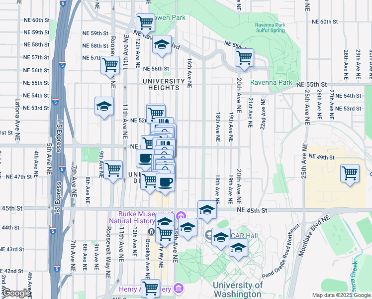 map of restaurants, bars, coffee shops, grocery stores, and more near 1519 Northeast 50th Street in Seattle