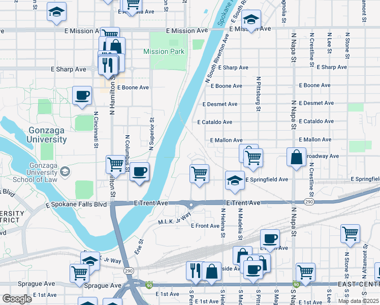 map of restaurants, bars, coffee shops, grocery stores, and more near 811 North Iron bridge Way in Spokane