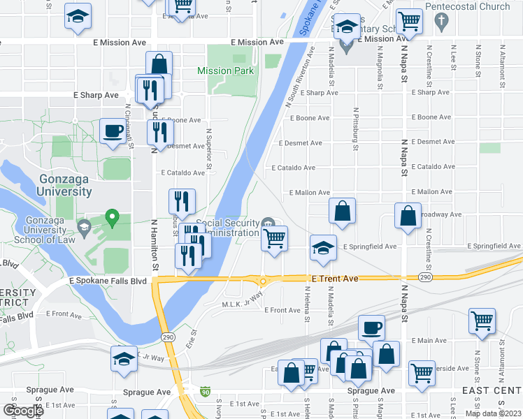 map of restaurants, bars, coffee shops, grocery stores, and more near 811 North Iron bridge Way in Spokane