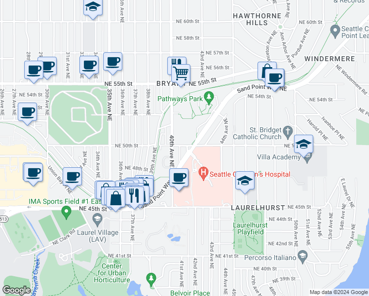 map of restaurants, bars, coffee shops, grocery stores, and more near 4071 Northeast 50th Street in Seattle