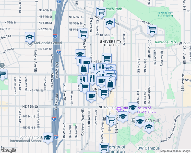 map of restaurants, bars, coffee shops, grocery stores, and more near 4757 12th Avenue Northeast in Seattle