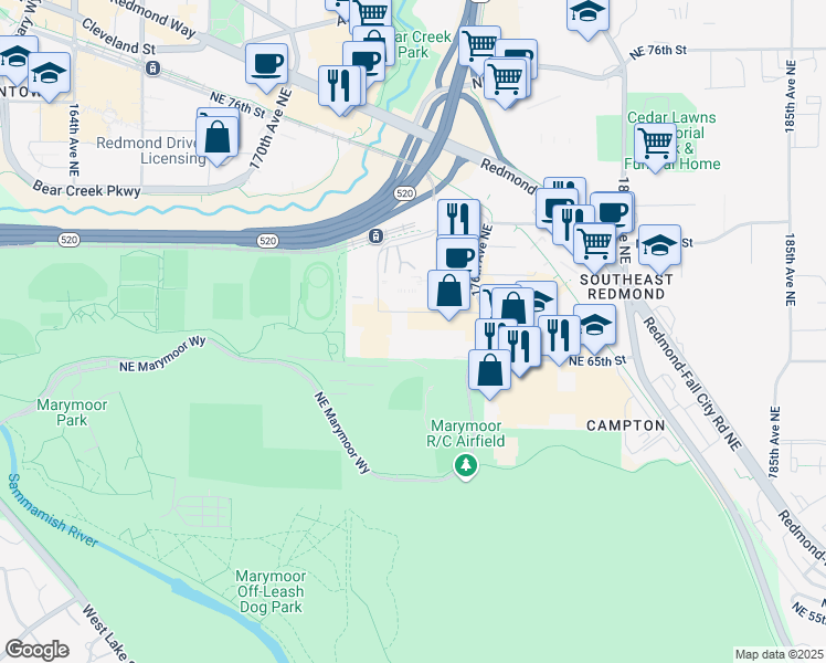 map of restaurants, bars, coffee shops, grocery stores, and more near 17455 Northeast 67th Court in Redmond