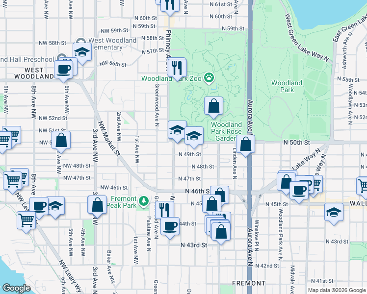 map of restaurants, bars, coffee shops, grocery stores, and more near 419 North 50th Street in Seattle