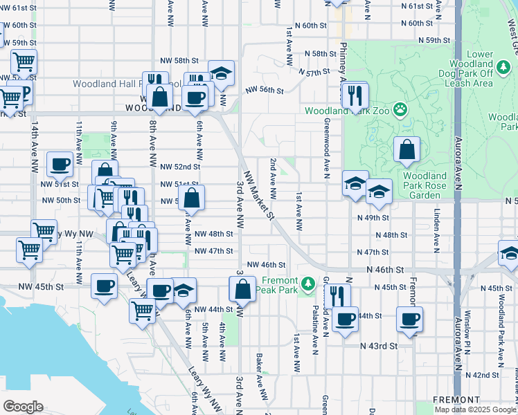 map of restaurants, bars, coffee shops, grocery stores, and more near 217 Northwest Market Street in Seattle