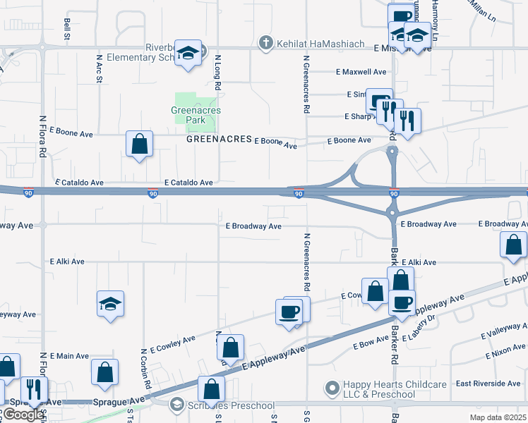 map of restaurants, bars, coffee shops, grocery stores, and more near 819 North Greenacres Road in Spokane Valley