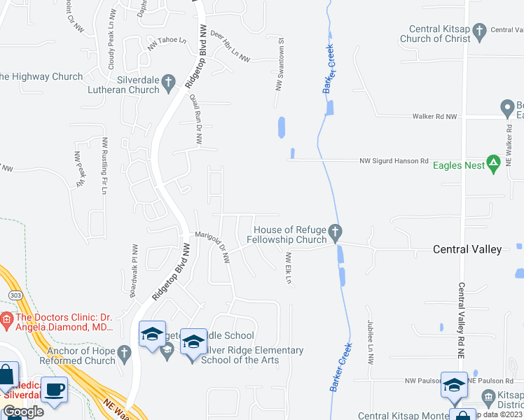 map of restaurants, bars, coffee shops, grocery stores, and more near 1010 Northwest Poppy Court in Silverdale