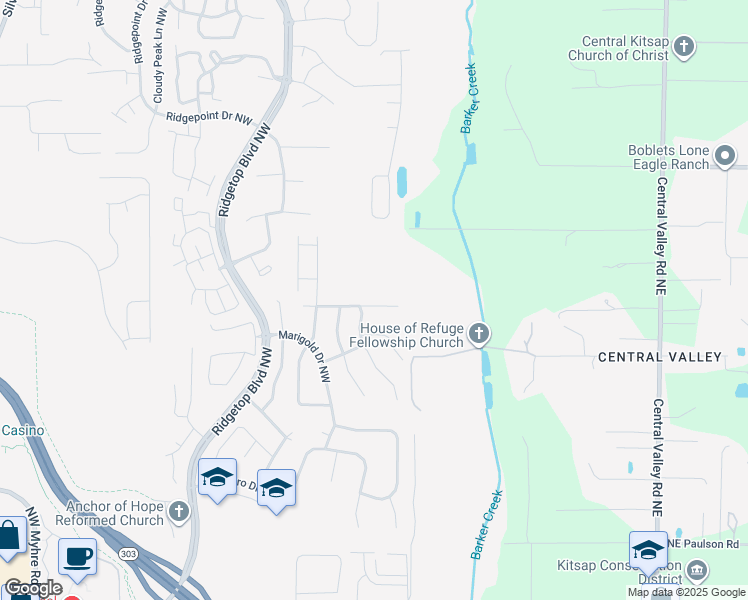 map of restaurants, bars, coffee shops, grocery stores, and more near 1010 Northwest Poppy Court in Silverdale