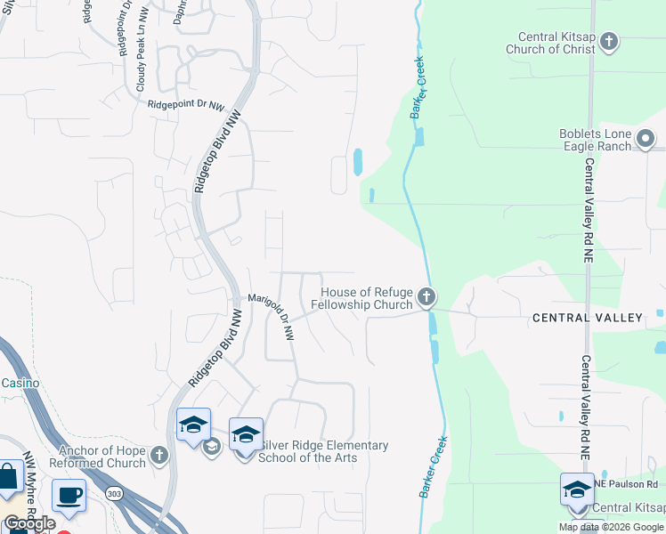 map of restaurants, bars, coffee shops, grocery stores, and more near 1010 Northwest Poppy Court in Silverdale