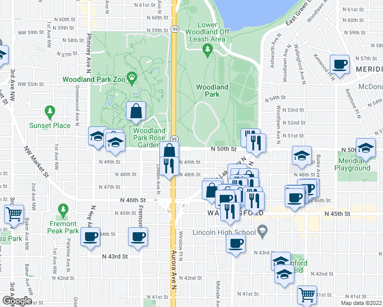 map of restaurants, bars, coffee shops, grocery stores, and more near 1000 North 50th Street in Seattle