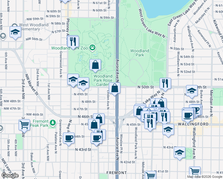 map of restaurants, bars, coffee shops, grocery stores, and more near 5500 Phinney Avenue North in Seattle