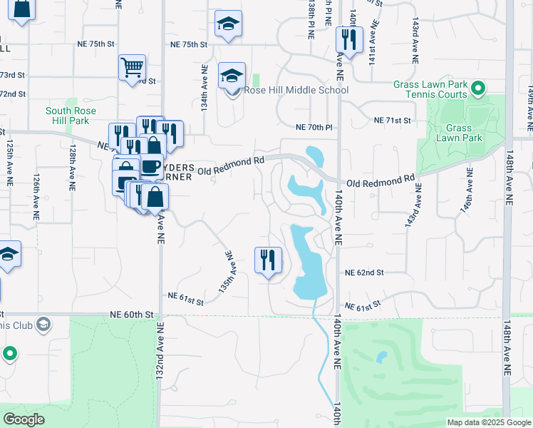 map of restaurants, bars, coffee shops, grocery stores, and more near 6667 138th Avenue Northeast in Redmond