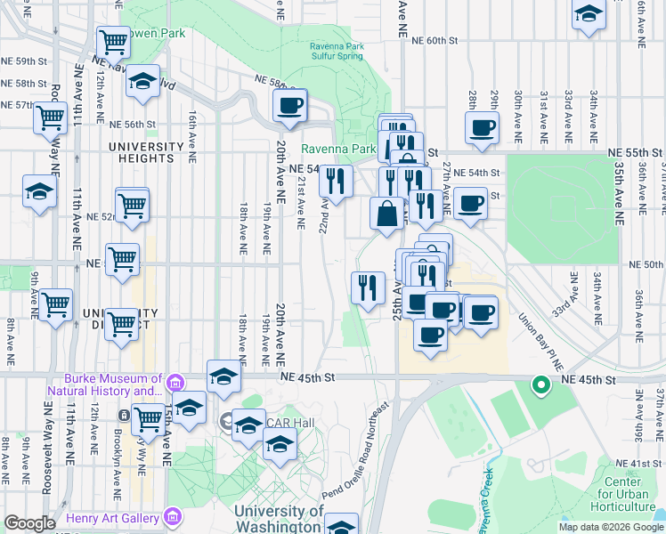 map of restaurants, bars, coffee shops, grocery stores, and more near 5020 22nd Avenue Northeast in Seattle