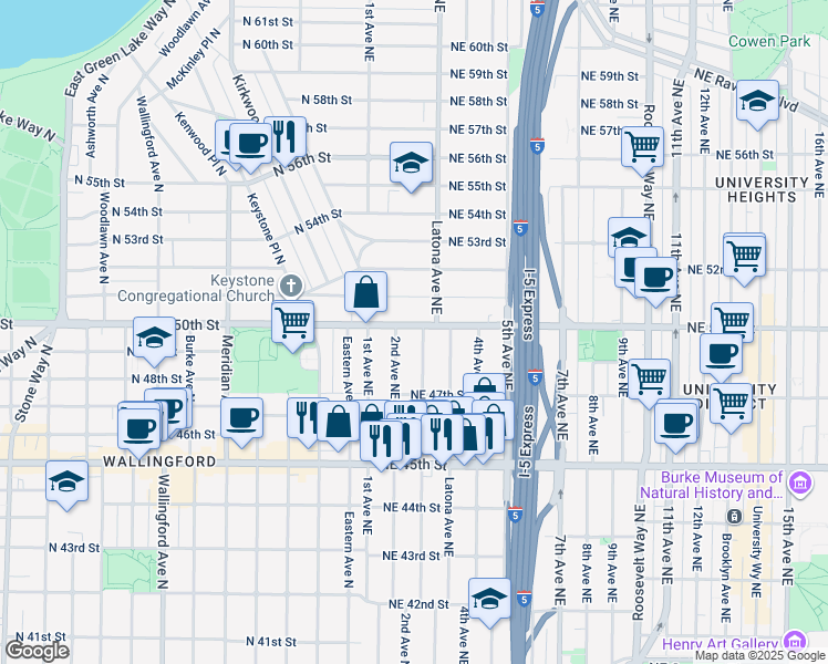 map of restaurants, bars, coffee shops, grocery stores, and more near 141 Northeast 51st Street in Seattle