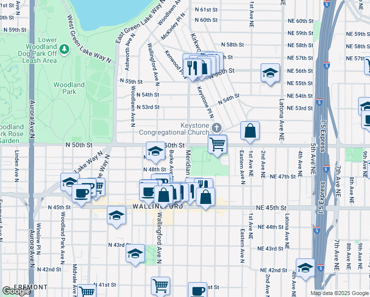 map of restaurants, bars, coffee shops, grocery stores, and more near 4919 Meridian Avenue North in Seattle