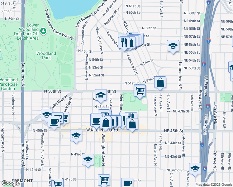 map of restaurants, bars, coffee shops, grocery stores, and more near 4919 Meridian Avenue North in Seattle