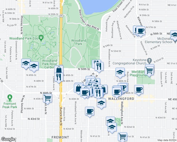 map of restaurants, bars, coffee shops, grocery stores, and more near 1000 North 50th Street in Seattle