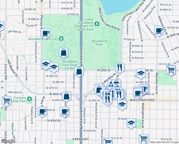 map of restaurants, bars, coffee shops, grocery stores, and more near 1000 North 50th Street in Seattle