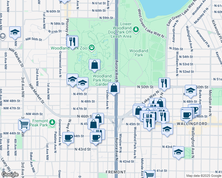 map of restaurants, bars, coffee shops, grocery stores, and more near 5500 Phinney Avenue North in Seattle