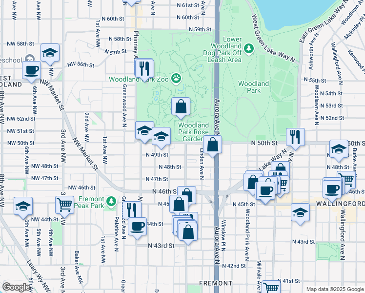 map of restaurants, bars, coffee shops, grocery stores, and more near in Seattle