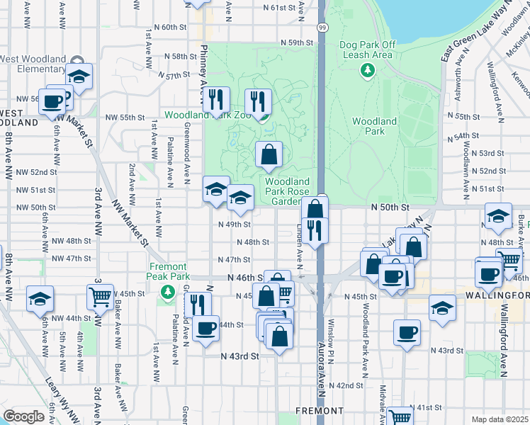 map of restaurants, bars, coffee shops, grocery stores, and more near in Seattle