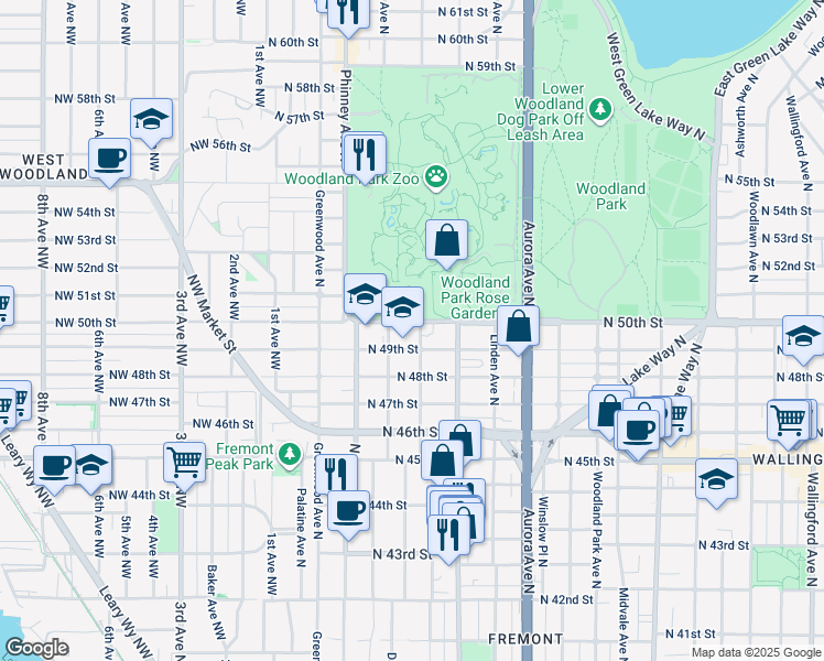 map of restaurants, bars, coffee shops, grocery stores, and more near in Seattle