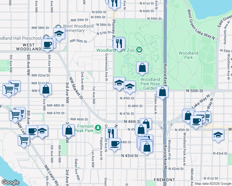 map of restaurants, bars, coffee shops, grocery stores, and more near 419 North 50th Street in Seattle