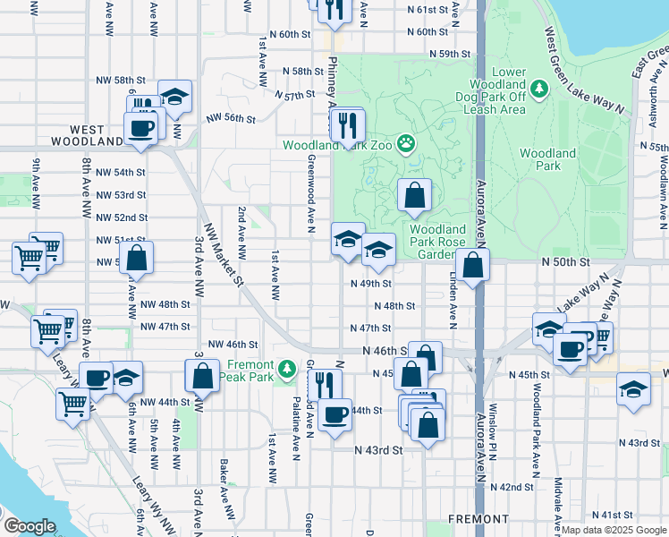 map of restaurants, bars, coffee shops, grocery stores, and more near 5014 Greenwood Avenue North in Seattle
